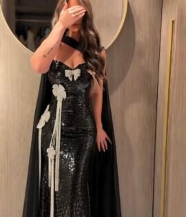 بدله مكونه من قطعتين لون اسود ملكي فخم مع قطع الكرستال وهدب النمنم الفاخر والتول الفرنسي